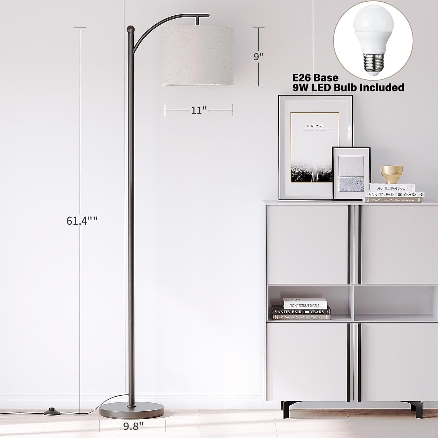 Arc Floor Lamp, Modern Floor Lamp with 3 Color Temperatures Bulb, Metal Standing with Adjustable Hanging, Black