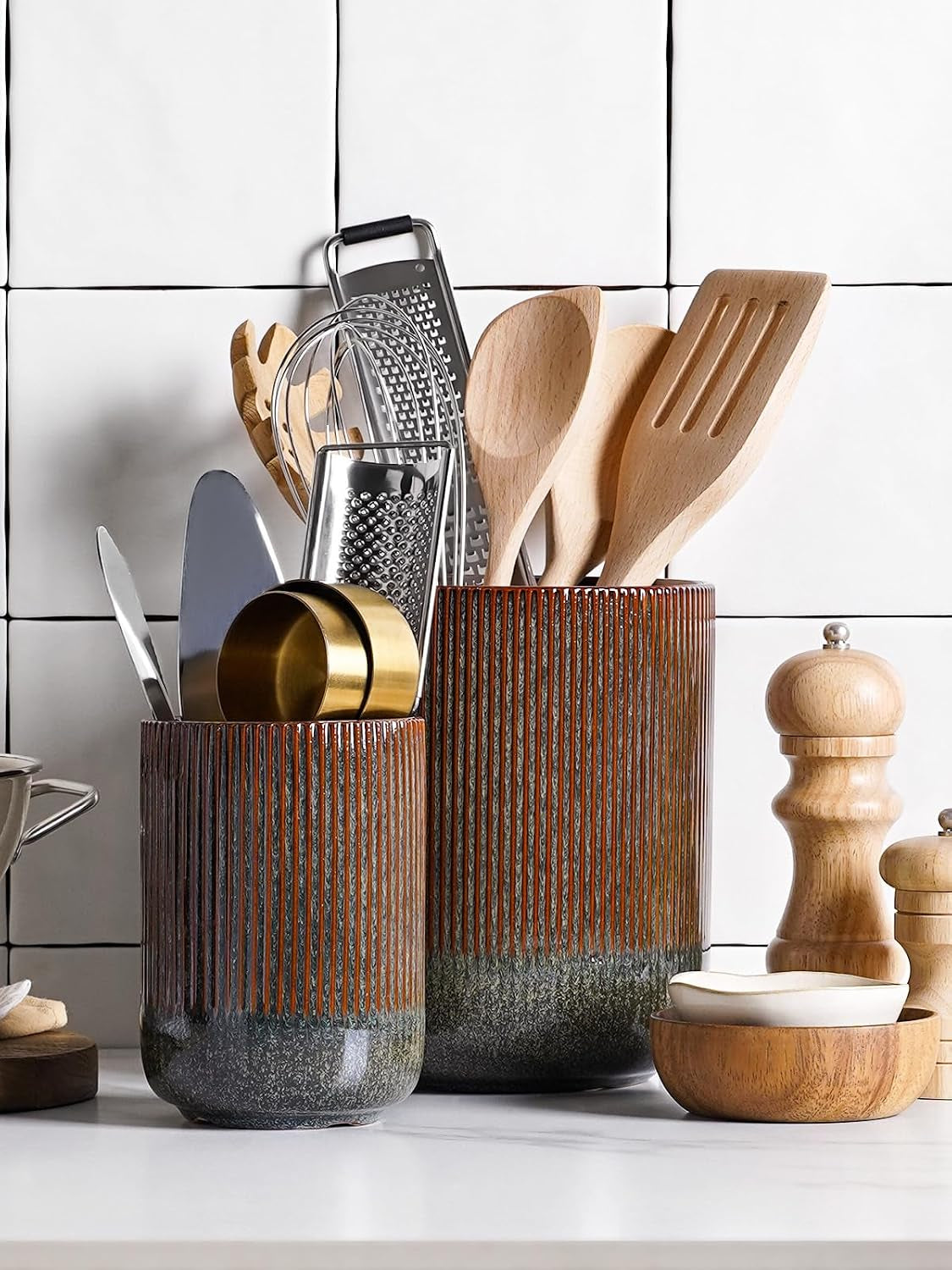 Utensil Holder for Kitchen Counter, 7.3"+5.4" Fluted Ceramic Utensil Crock Organizer for Countertop, Set of 2, Olive Brown Marble