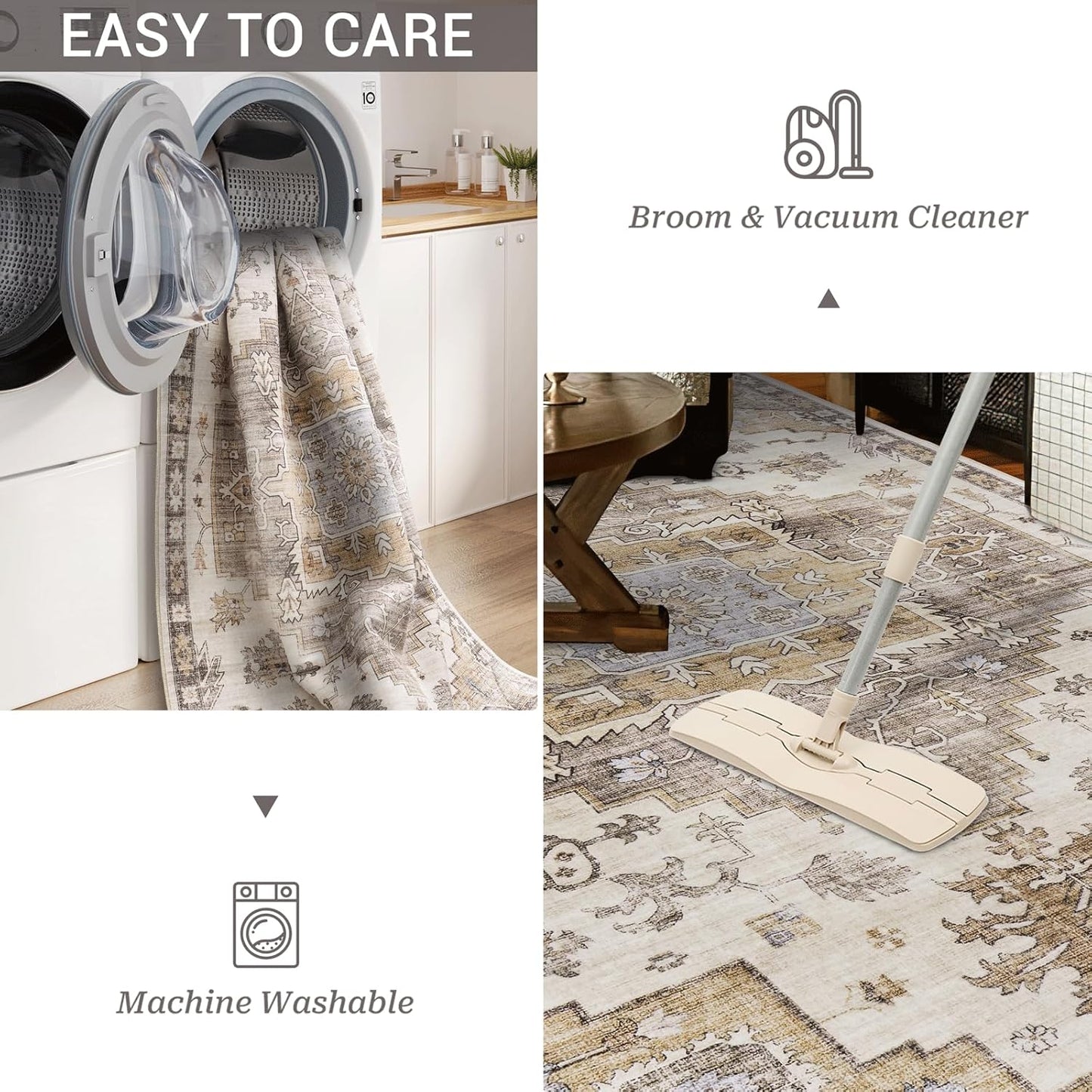 8X10 Area Rugs for Living Room, Stain Resistant Neutral Washable Rugs, Floral Vintage Non-Slip Thin (Brown)