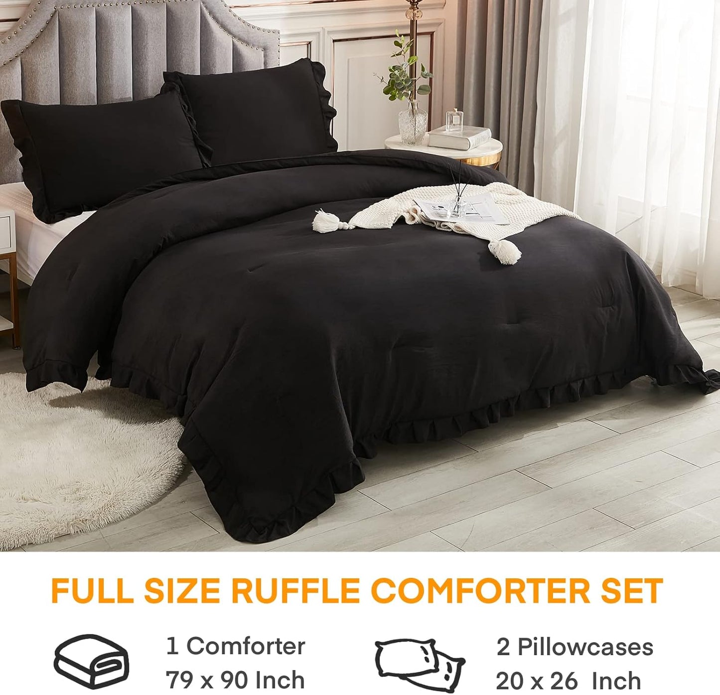 Black Full Size Comforter Set, 3 Pieces Ruffle Farmhouse Shabby Chic Bedding