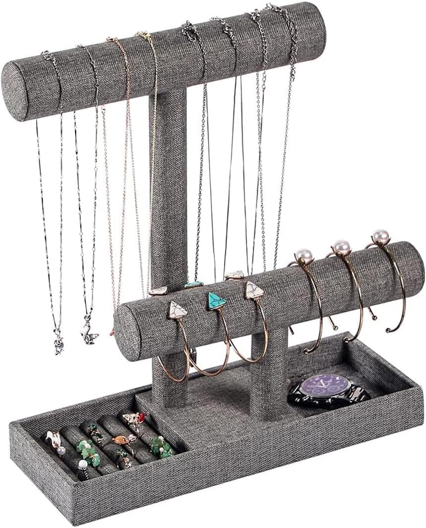 2 Tier Necklace Bracelet Holder Organizer with Ring Tray, (Gray Linen)