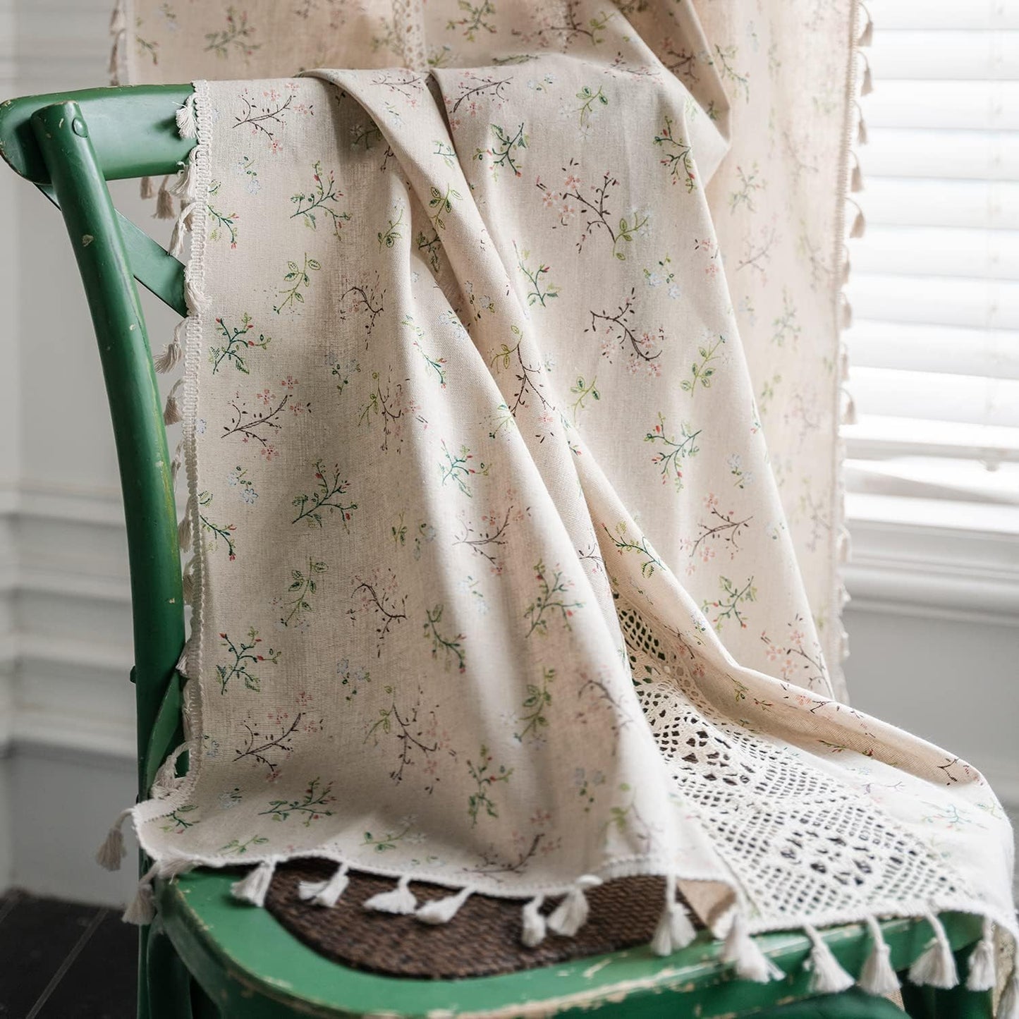 Boho Vintage Farmhouse Curtains 63 Inch Beige Patchwork Crochet Window Treatments with Tassels Crochet Lace 2 Panels Floral Patterned 59X63