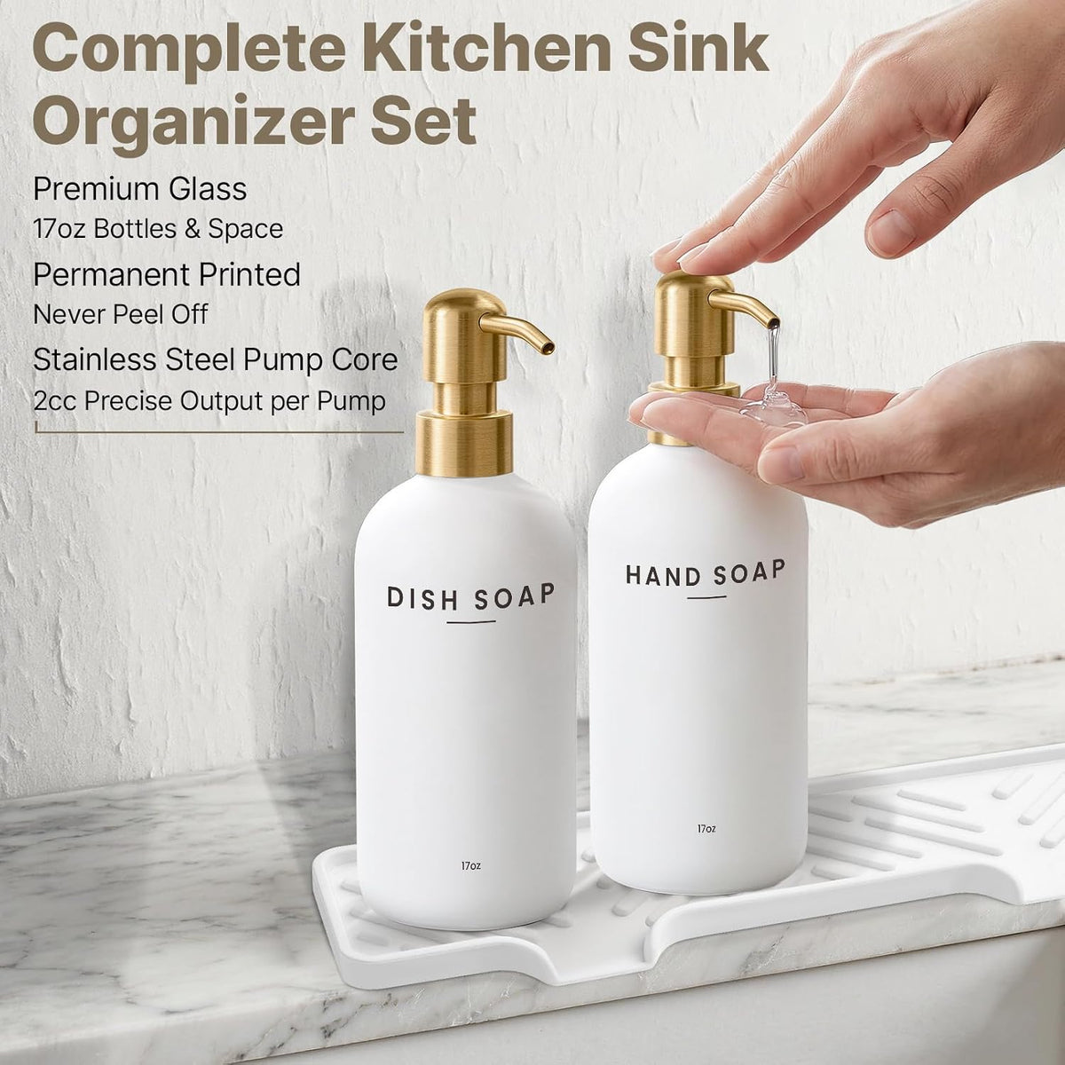 Kitchen Soap Dispenser with Self Draining Silicone Tray, Brush Sponge, Gold