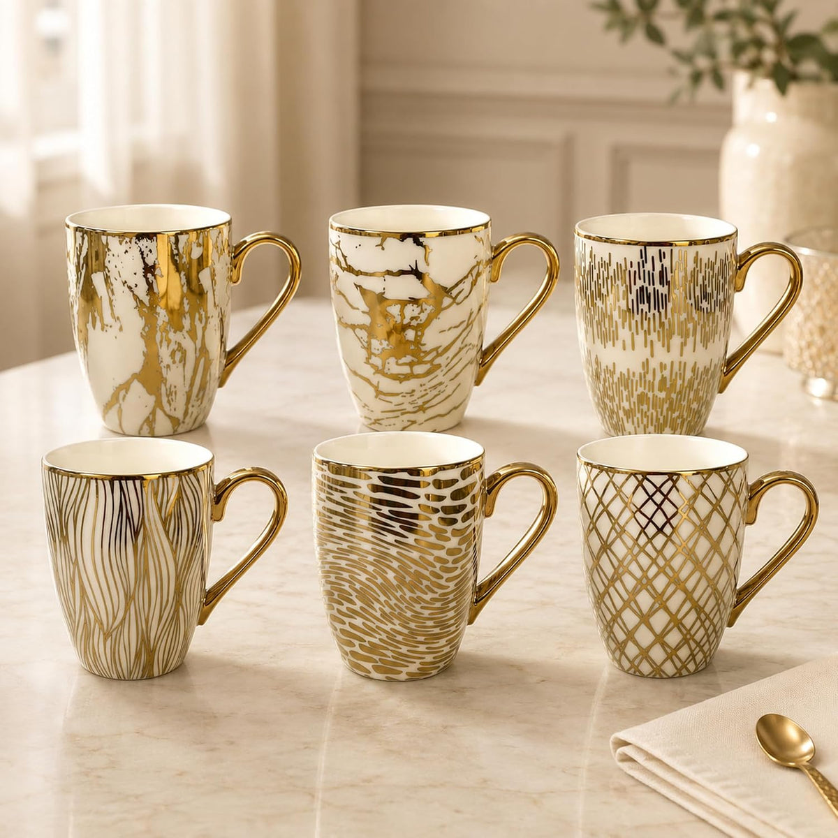 Matrix Gold Porcelain Coffee & Tea Mug Set – Premium Fine Porcelain with Elegant Gold-Plated Finish (Not Microwave Safe), Luxury Drinkware for Everyday Dining, Entertaining & Special Occasions