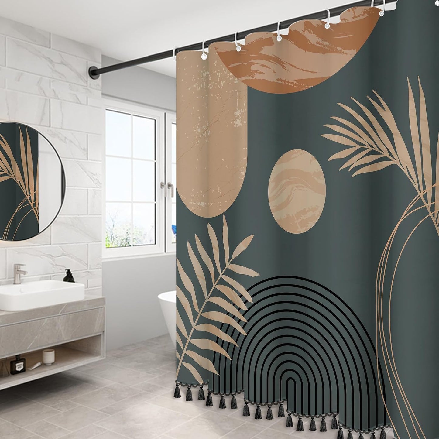 Boho Mid Century Leaf Shower Curtain Set, Arch Sun Design, Minimalistic Leaves Pattern, (Brown-72" X 72")