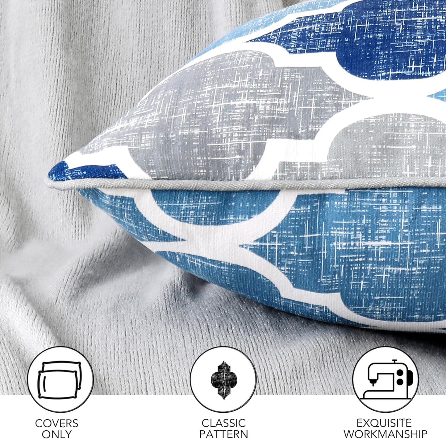 Throw Pillowcover Soft Chenille Print Moroccan Geometric 2-Sided Pattern Blue and Gray 20X20 Inch, Set of 2