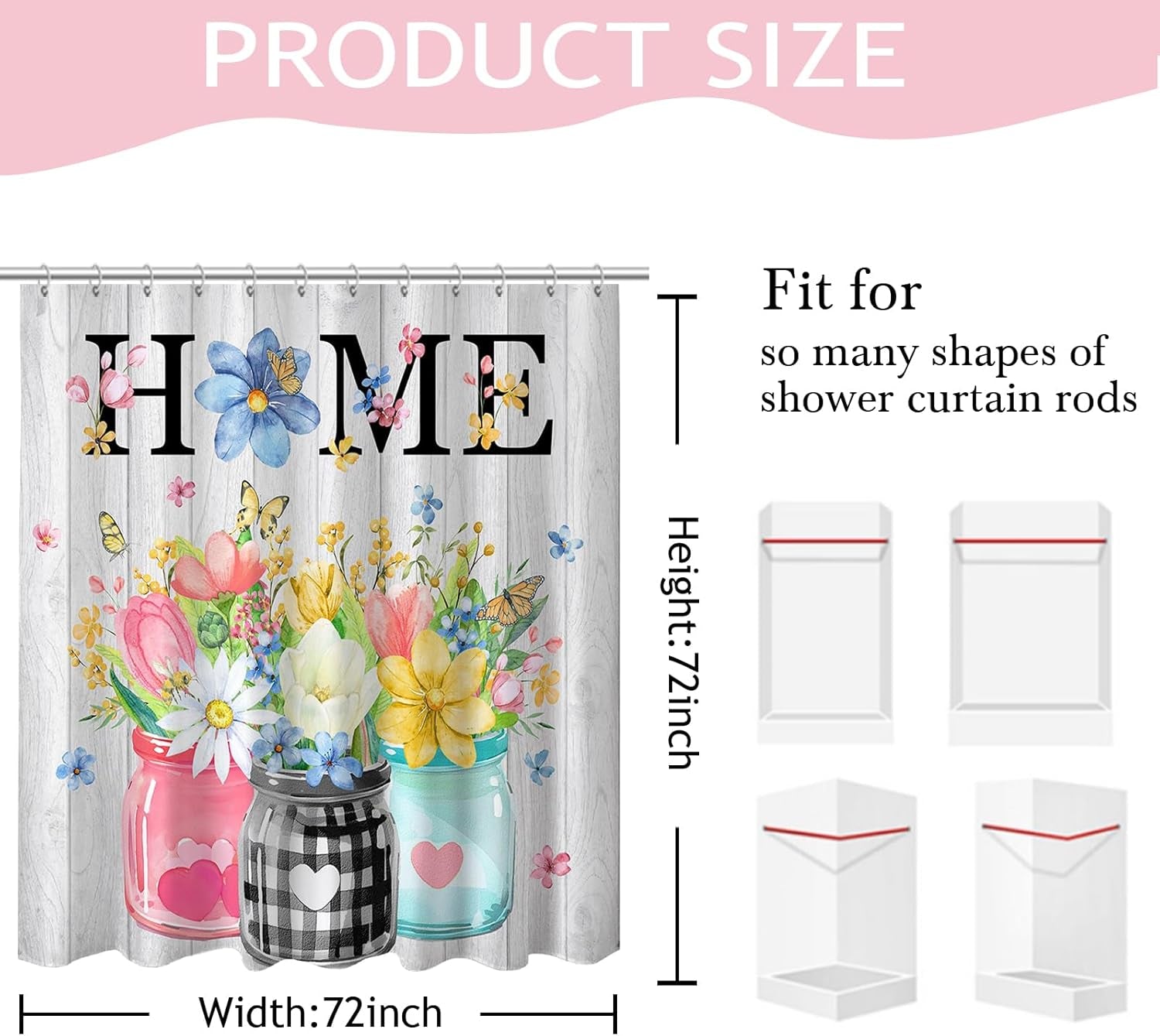 Spring Floral Shower Curtain for Bathroom, Pink Yellow Blue Butterfly and Flowers 72 X 72 Inch Waterproof Fabric Bath Curtain with Hooks (White, 72''X 72'')