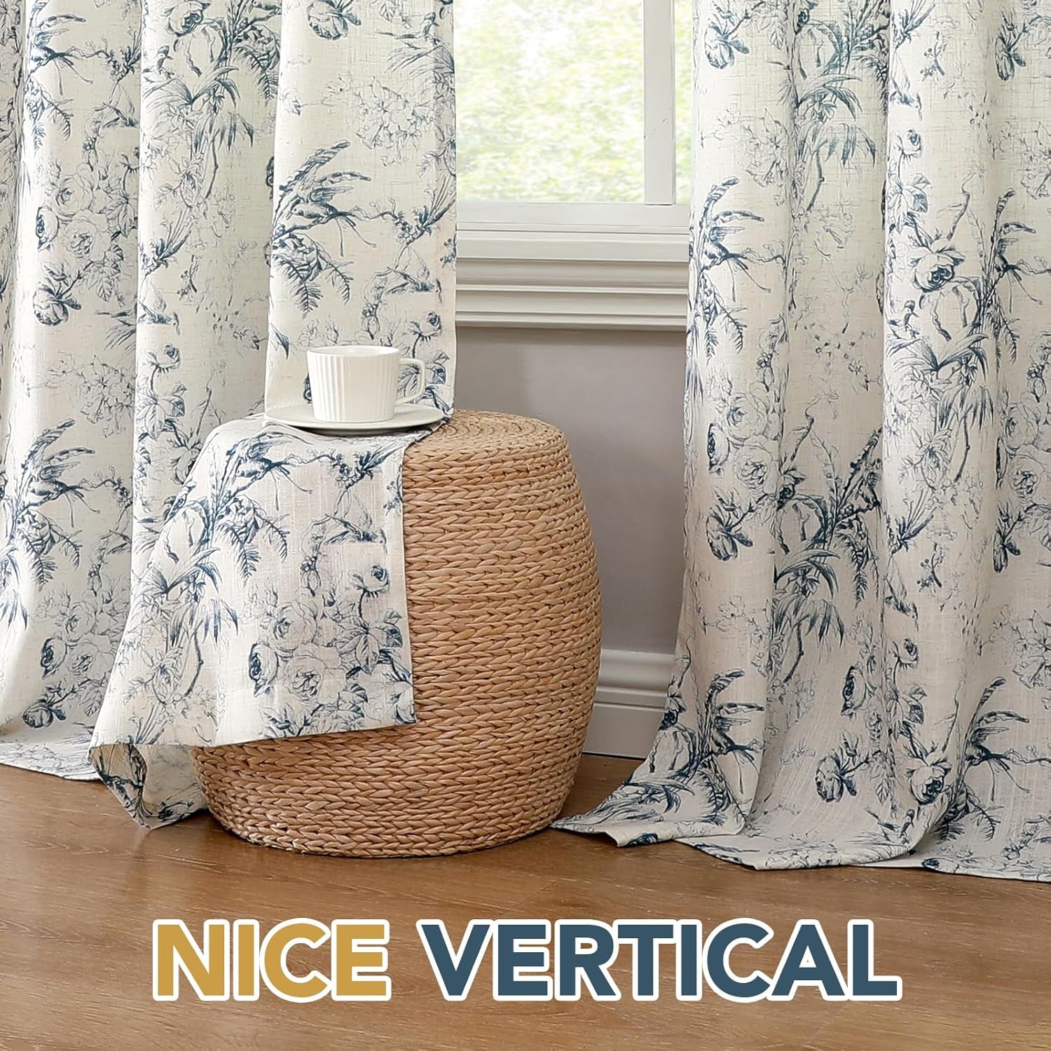 Linen Fabric Curtains for Living Room 96 Inches Long, Rich Semi Sheer Linen Curtains Floral Print Curtain Grommet, 2 Panels, 52" W X 96" L, Floral in Blue