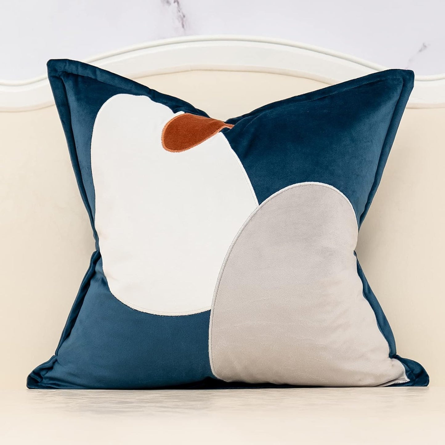 Blue Decorative Velvet Throw Pillow Cover with Cloth Texture Patchwork Cushion Case Modern 18X18 Inch Pillowcase for Sofa Couch Bedroom Living Room Home Decor