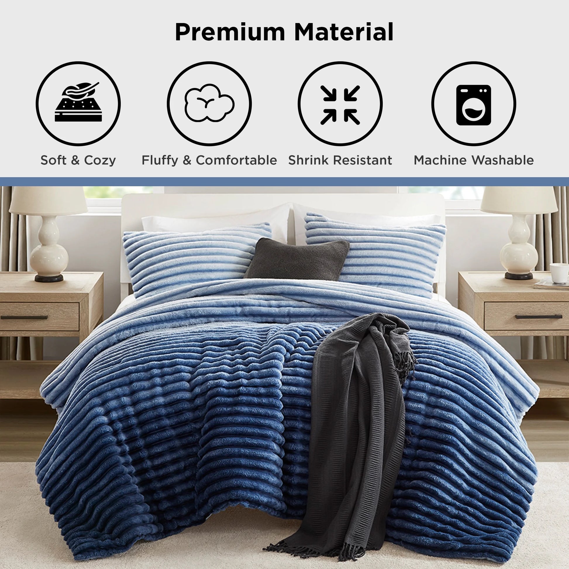 King/Cal King Fluffy Ribbed Plush Comforter Set 3-Piece Bedding Set Blue Ombre