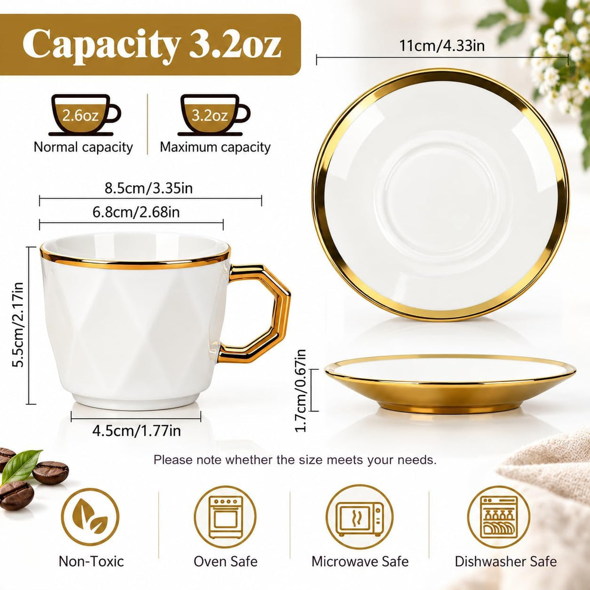 Coffee Cup Set of 6 with Saucers, 3.5 OZ Ceramic Demitasse Espresso Cups