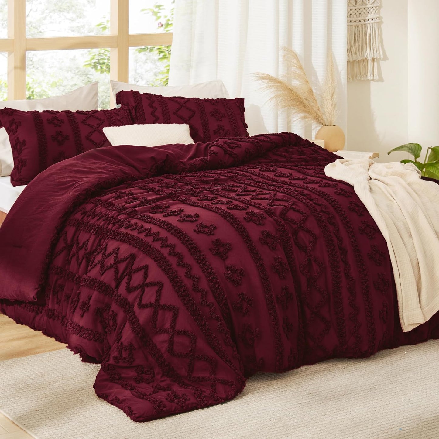 Tufted Boho Comforter Set Twin Size - Dark Red Boho Bed Set, Gentle soft™ 2 Pieces Farmhouse Shabby Chic Embroidery Bedding, Soft Jacquard Twin Comforter for All Seasons