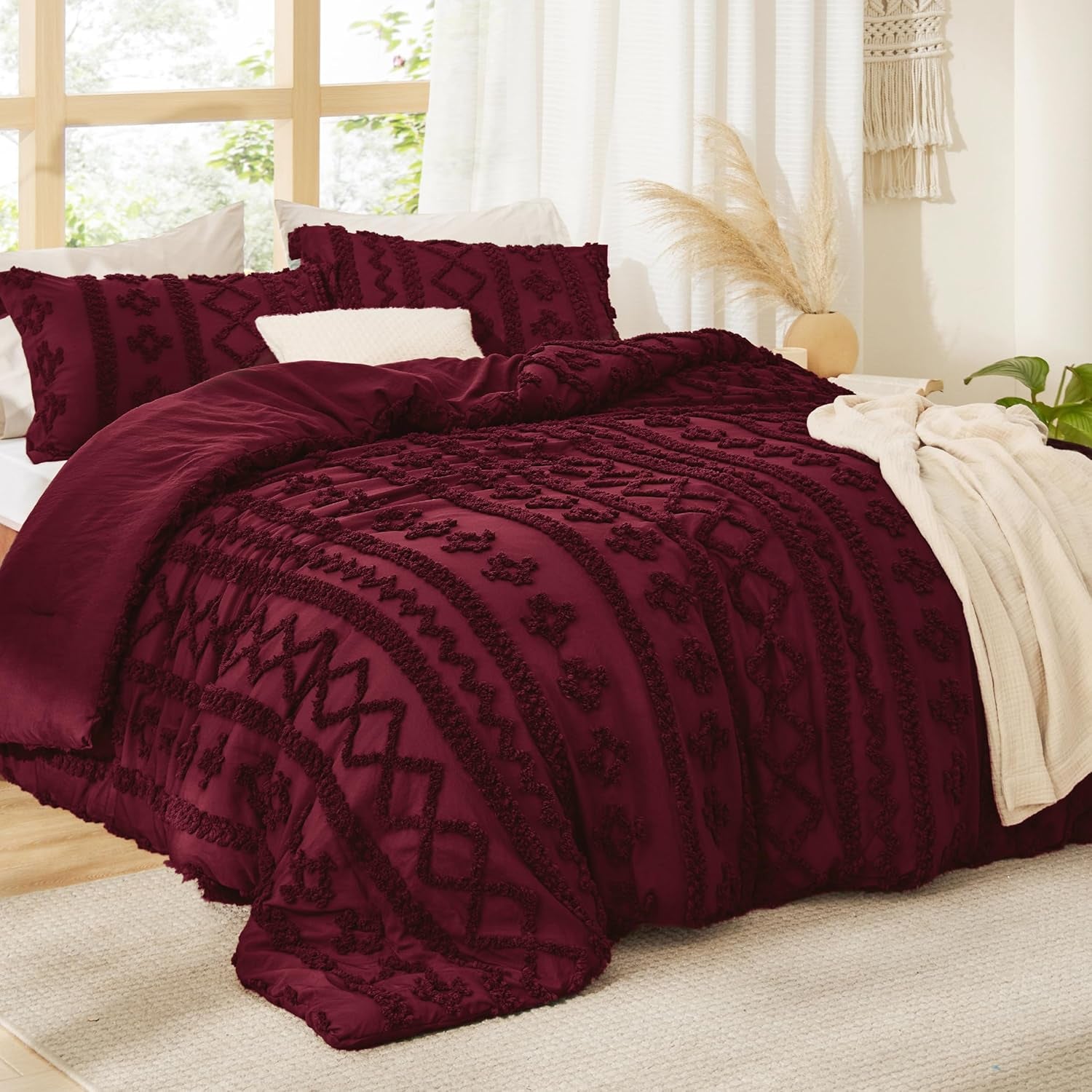 Tufted Boho Comforter Set Twin Size - Dark Red Boho Bed Set, Gentle soft™ 2 Pieces Farmhouse Shabby Chic Embroidery Bedding, Soft Jacquard Twin Comforter for All Seasons
