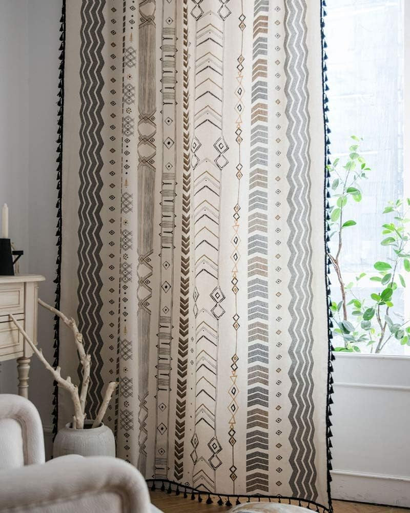 Boho Curtains 2 Panels Aztec Western Semi-Blackout Patterned Rod Pocket Window Treatment Decorative Drapes with Black Tassels for Living Bedroom Closet 63 Inch Length