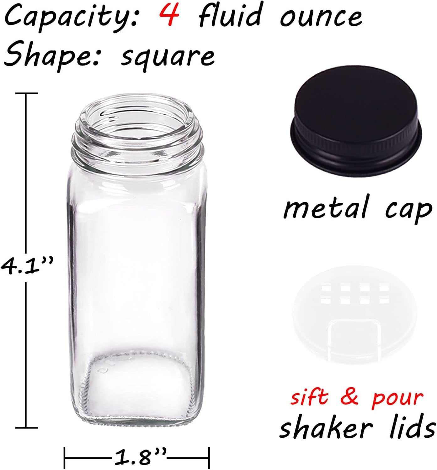 36 Pack Square Glass Spice Jars with Labels, 4Oz with Black Caps, Shaker Lids, 547 Labels, Funnel & Chalk Pen
