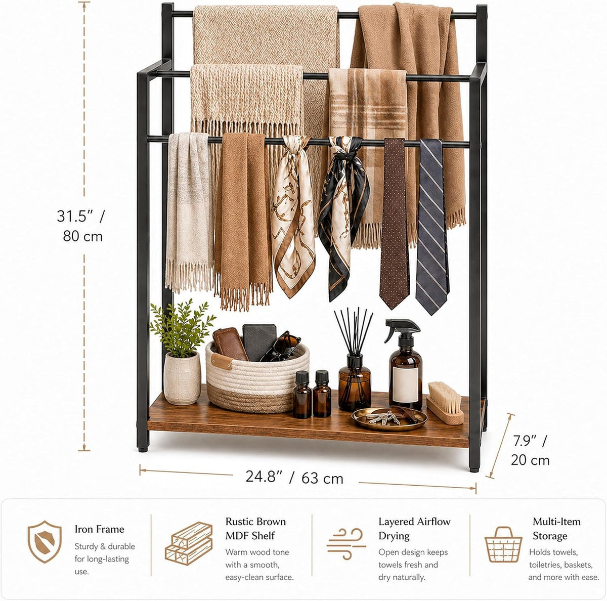 Freestanding Towel Rack with Rustic Brown Wood Shelf 24.8" 