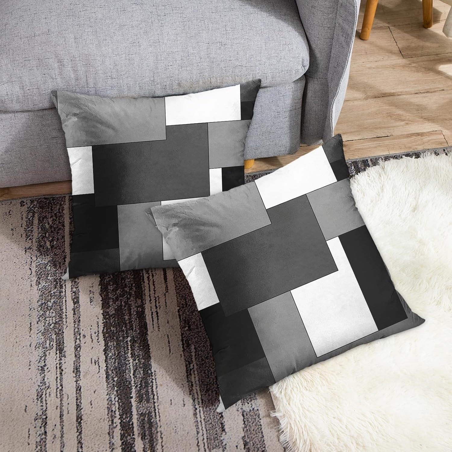 Throw Pillow Covers Set of 2, 18 X 18 Inch, Black Gray White