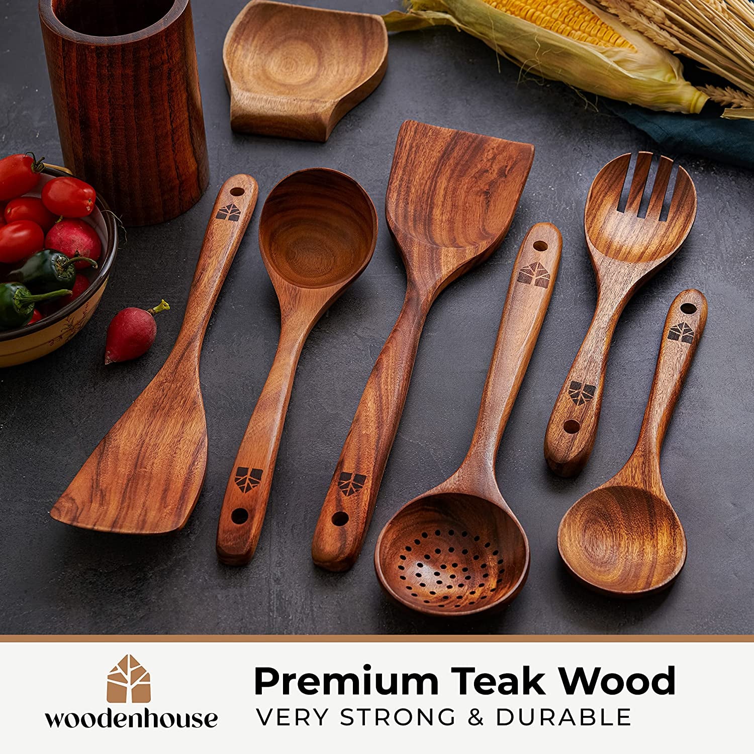 Teak Wooden Utensil Set with Spoon Rest & Hooks, Non-Stick Friendly 8 Pcs