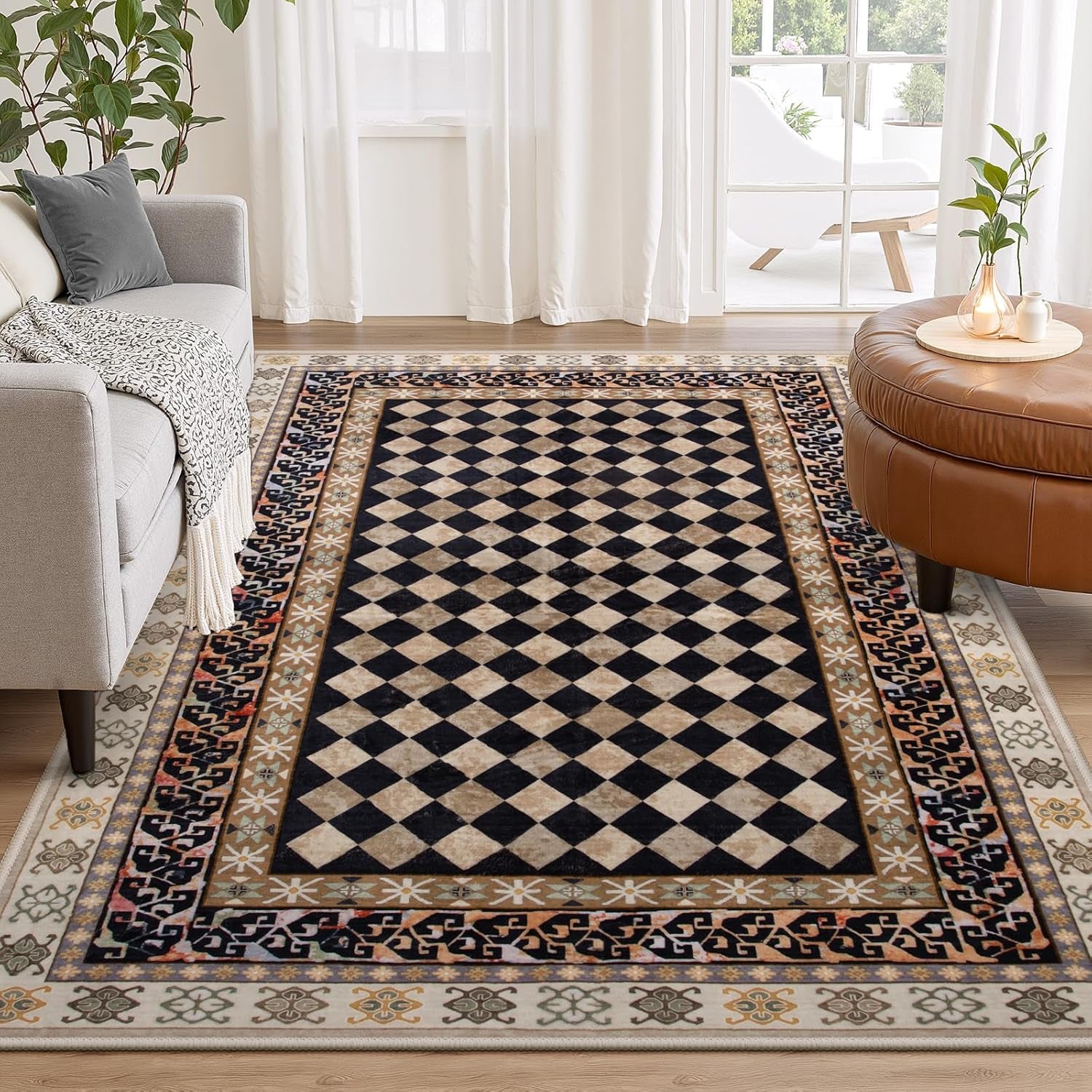 Washable Checkered 5X7 Area Rugs, Non-Slip Black and Brown (5X7)
