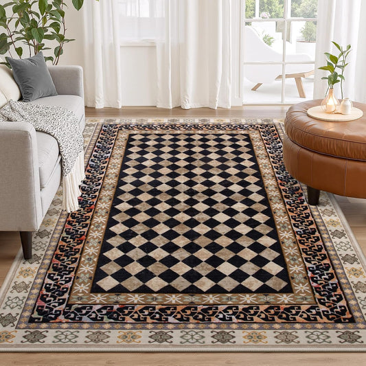 Washable Checkered 5X7 Area Rugs, Non-Slip Black and Brown (5X7)