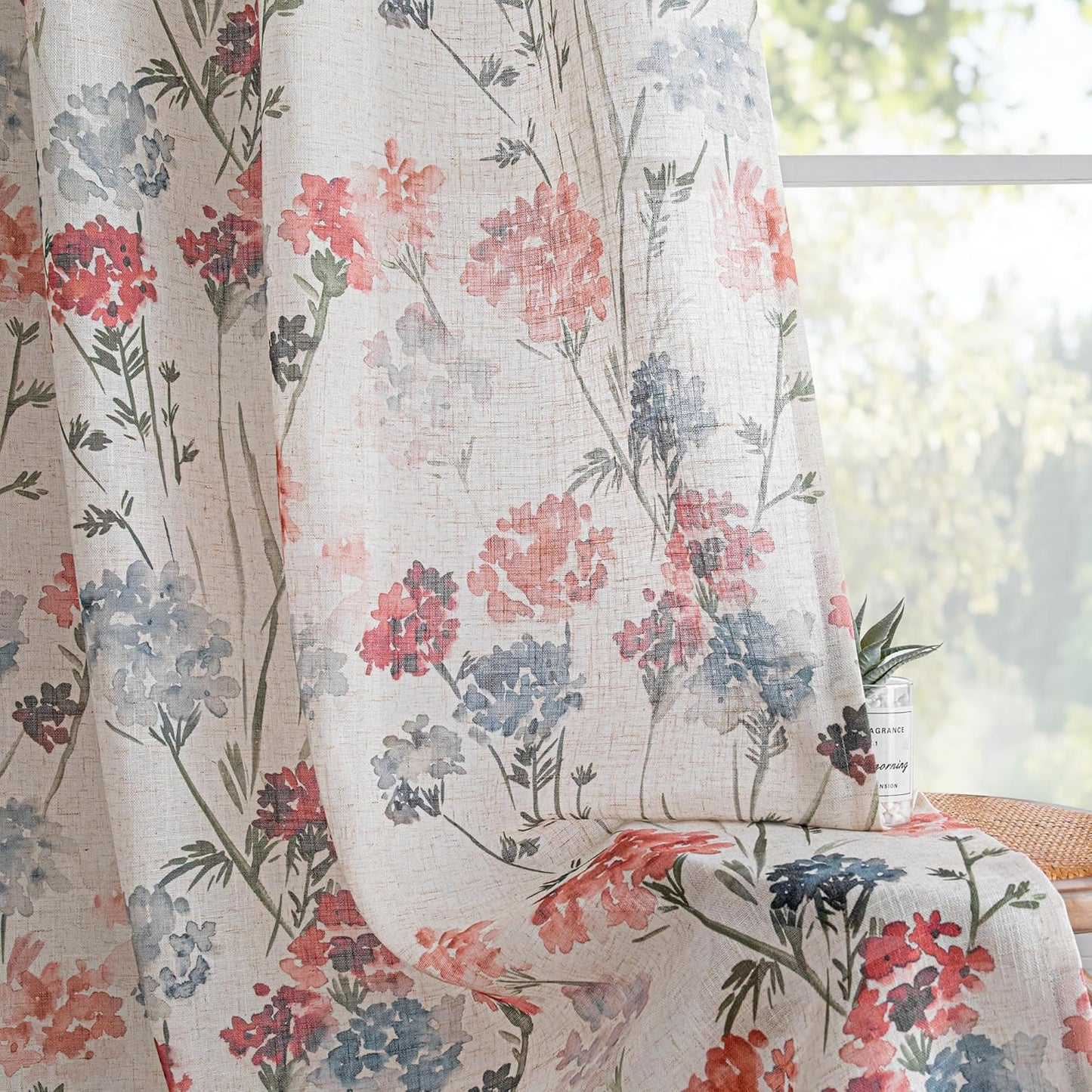 Linen Floral Curtains 84 Inch Length 2 Panels Semi Sheer Light Filtering Privacy Protect Flower Patterned Drapes, 52" Wide, Red, Pack-2