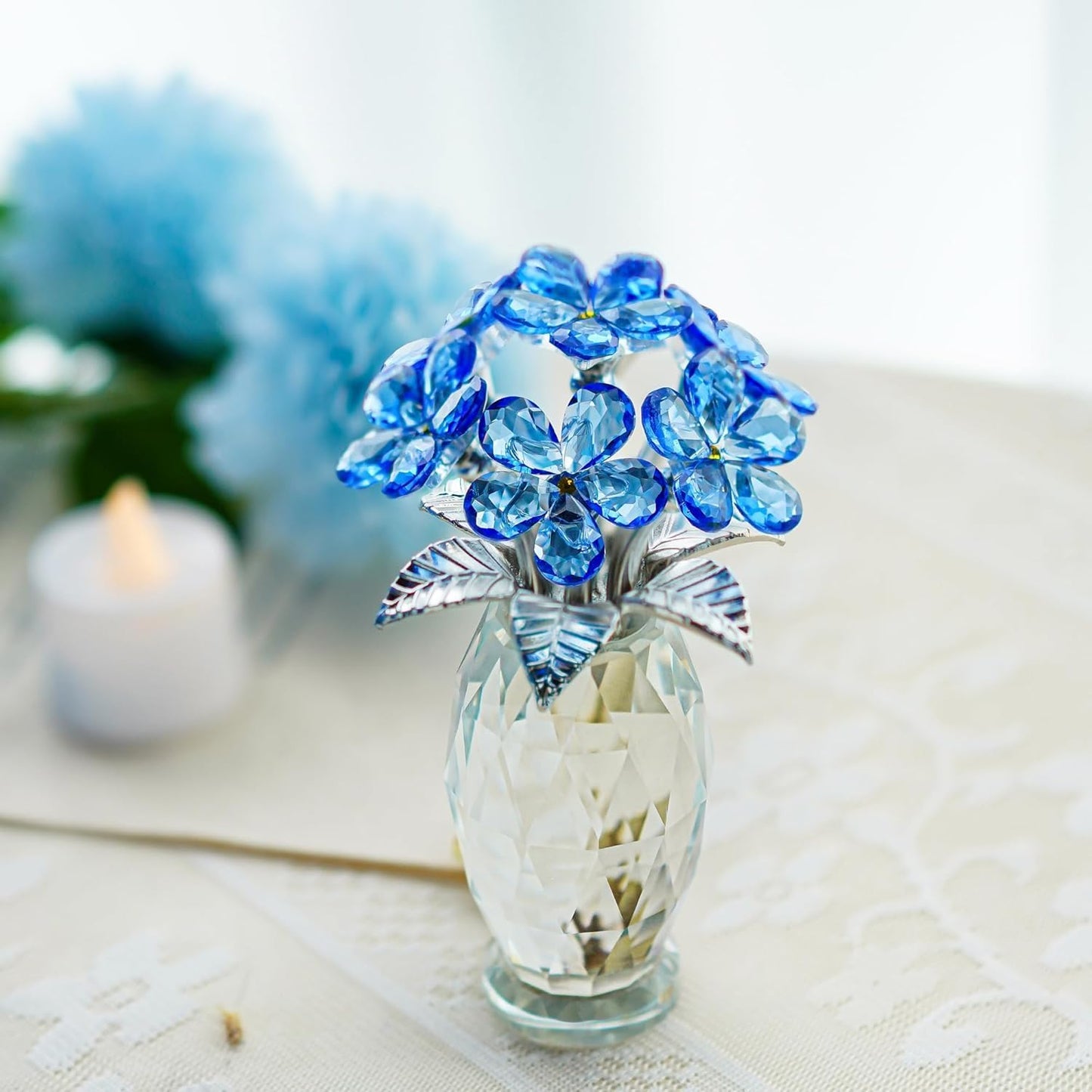 Blue Crystal Forget Me Not Flower Figurine, Crystal Glass Flower Ornament for Home Decor Table Centerpiece