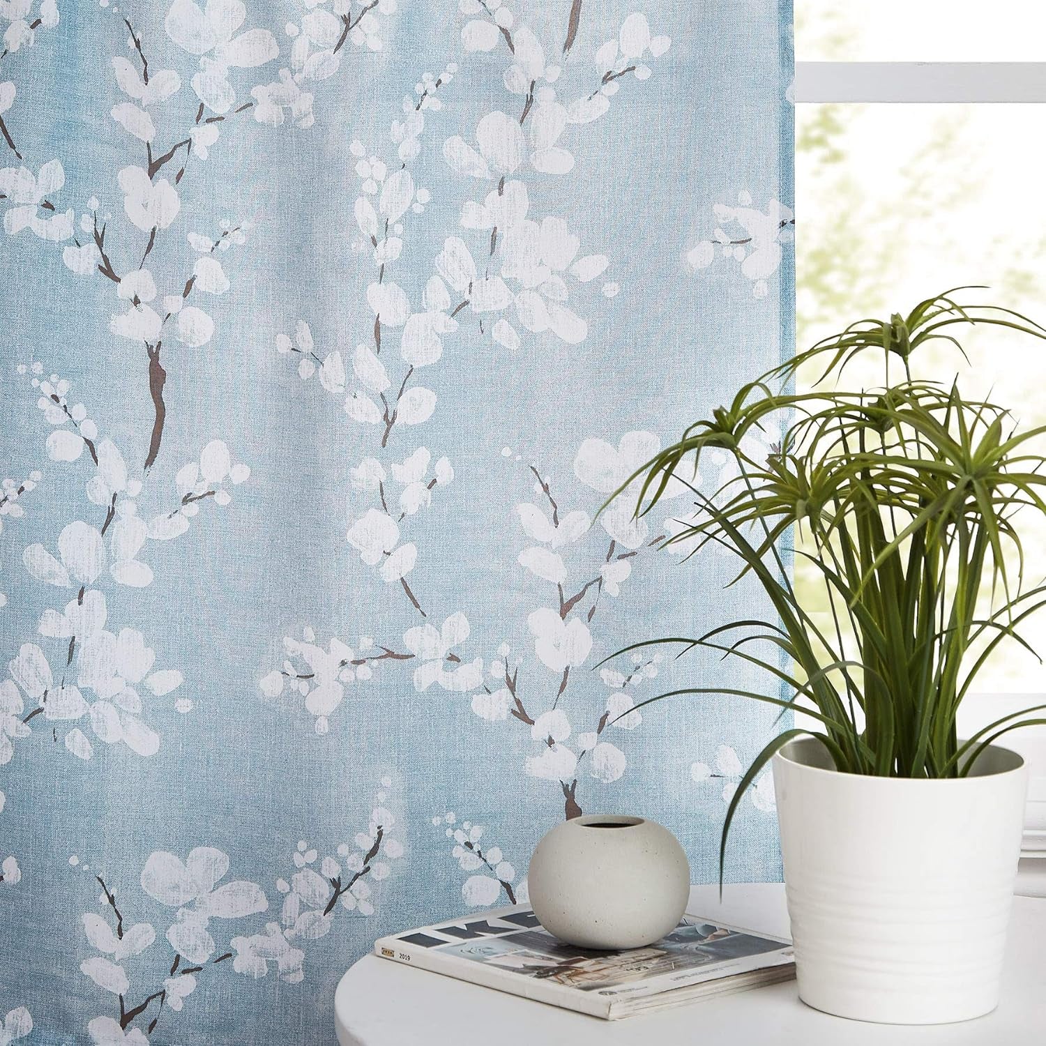 Blue White Tier Curtains 36 Inch Length for Kitchen Windows White Blossom Floral Print 2 Panels