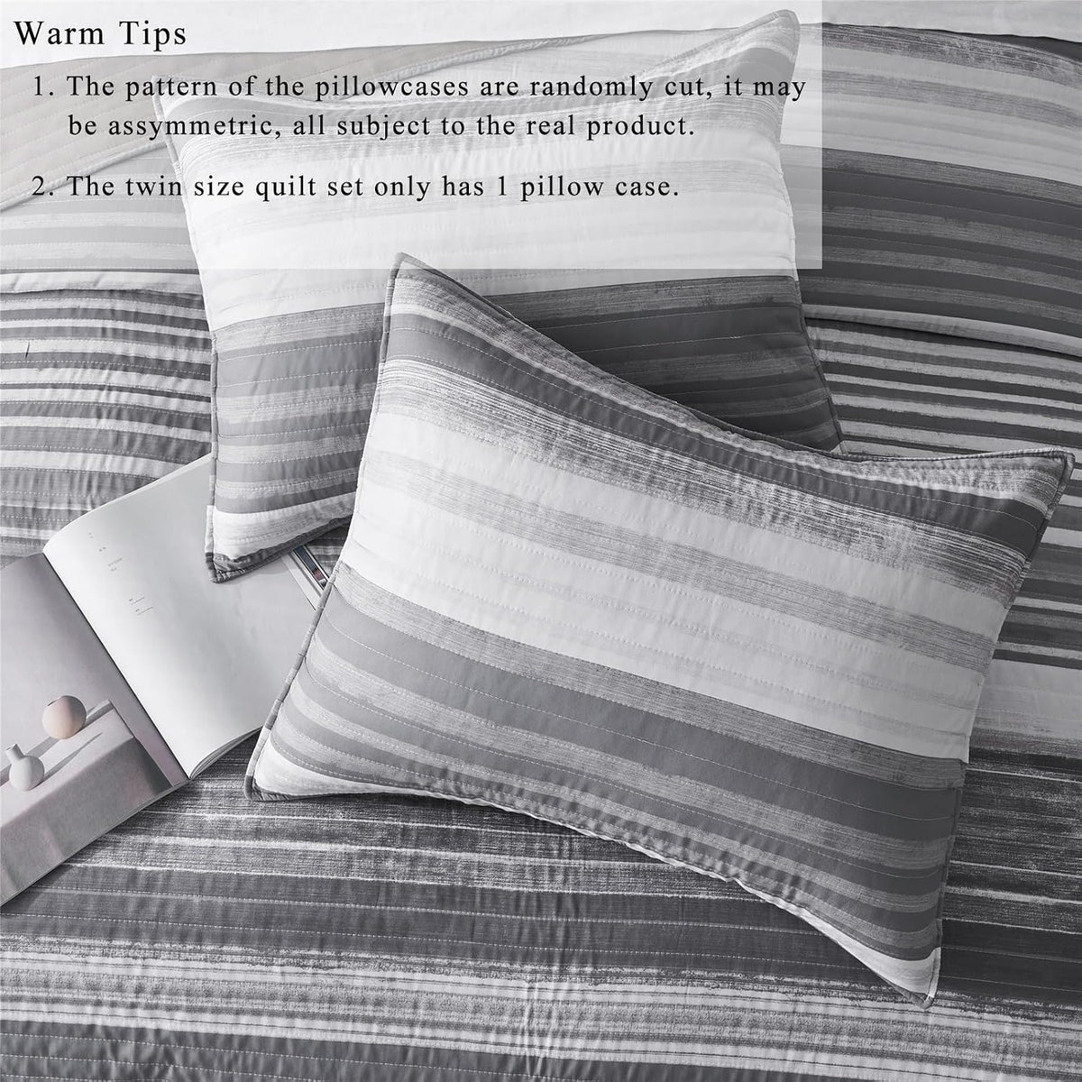 Striped King/Cal King Quilt Bedding Set, Soft Coverlet, Light Grey