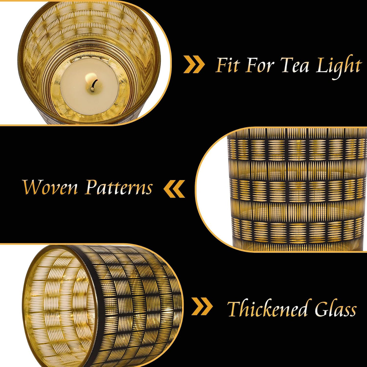 Votive Candle Holders, Set of 3 Black and Gold Glass Tealight Candle Holder with Woven Pattern, Vintage Tea Light Holders for Chirstmas Table Centerpieces Birthday Party Home Decor