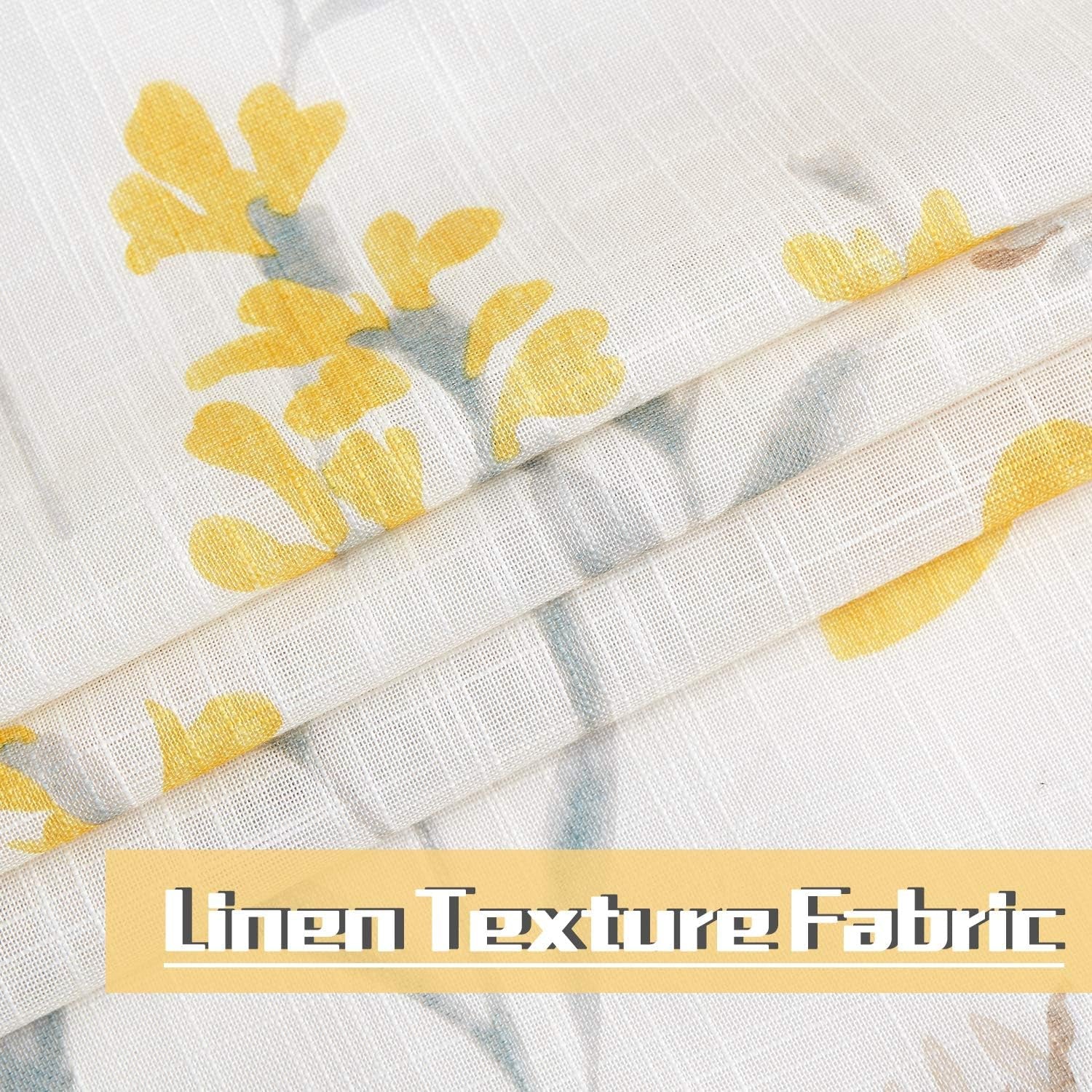 Printed Sheer Curtains Linen Textured for Living Room, Floral Leaf Design Farmhouse Style, 52 X 84 Inch, Yellow