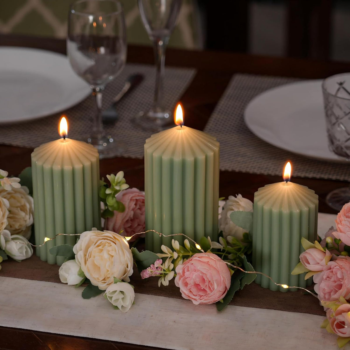 Sage Green Ribbed Pillar Candles 3 Pack, Soy Wax Unscented