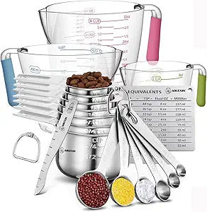 20-Piece Measuring Cups and Spoons Set, Nesting Stainless Steel Measuring Cups Spoons with Plastic Measuring Cup for Dry and Liquid Ingredients, Kitchen Cooking & Baking Gadgets