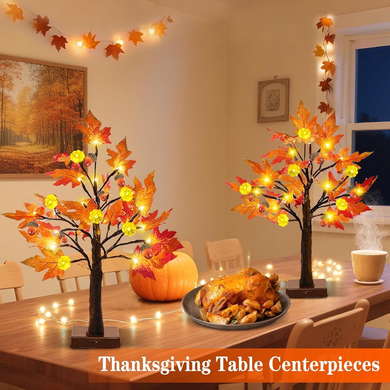 2 Pack 24 Inch Prelit Fall Maple Tree 48Leds Timer Acorn Pumpkin Lights, Battery Operated\