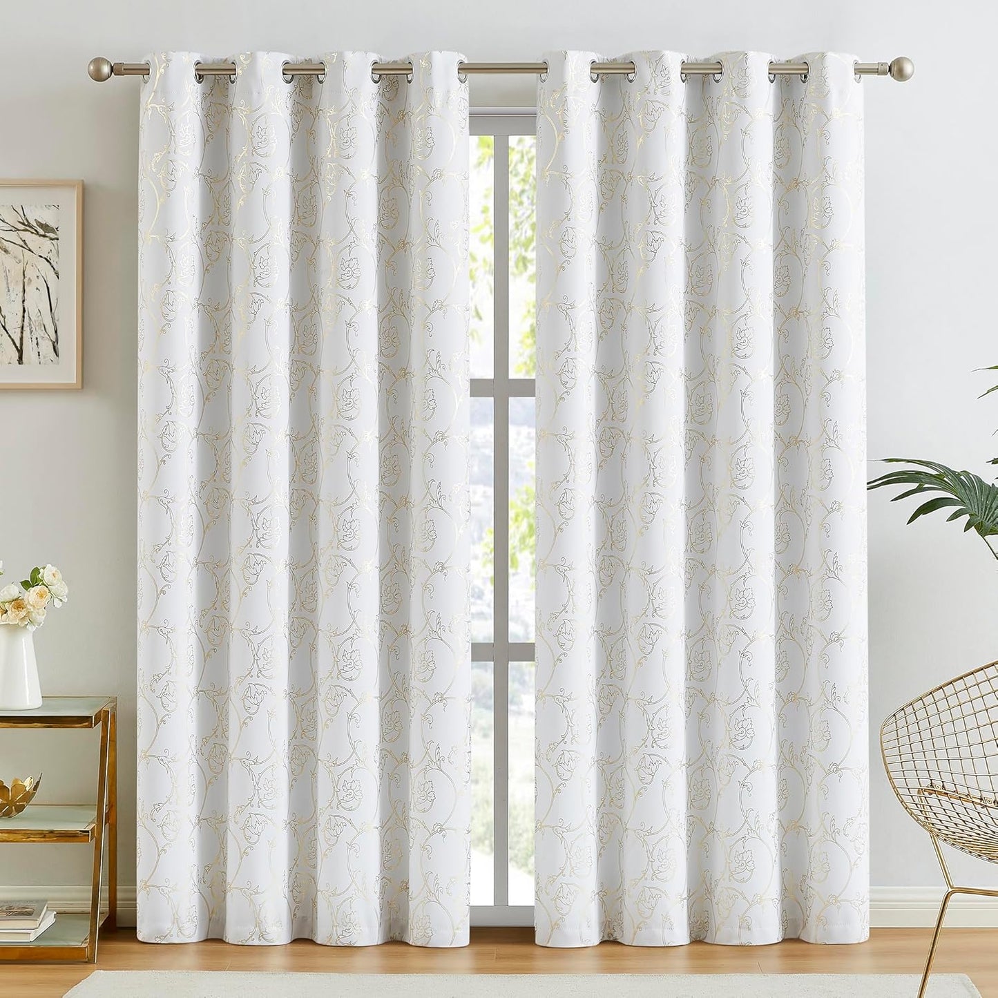 100% Blackout Curtains 84 Inches Long, Gold Floral Foil Pattern Drapes, 2 Panel Sets, Silvery White