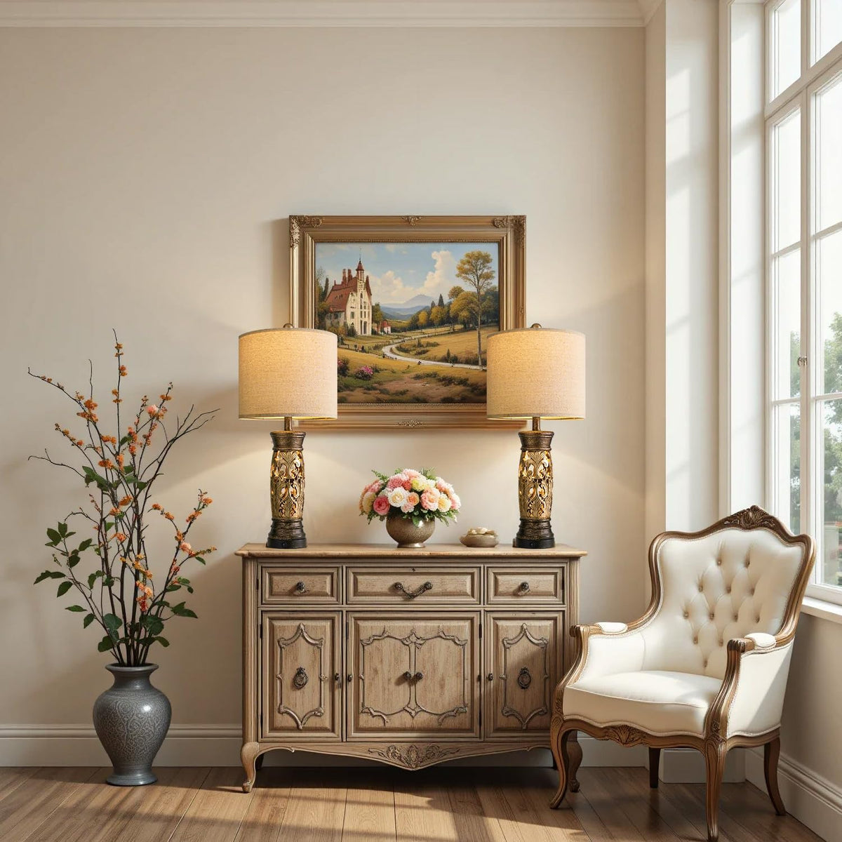 27.25” Antique Gold Table Lamps Set of 2 – Farmhouse Bedside Lamps with Night Light, Vintage Lamps (Bulbs Included)