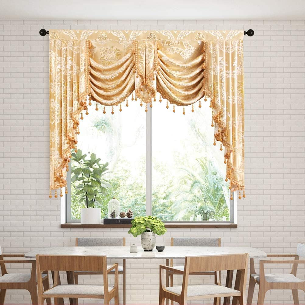 Golden Swag Waterfall Valance Luxury Curtain (Damask-Golden, W59 Inch, 1 Panel)