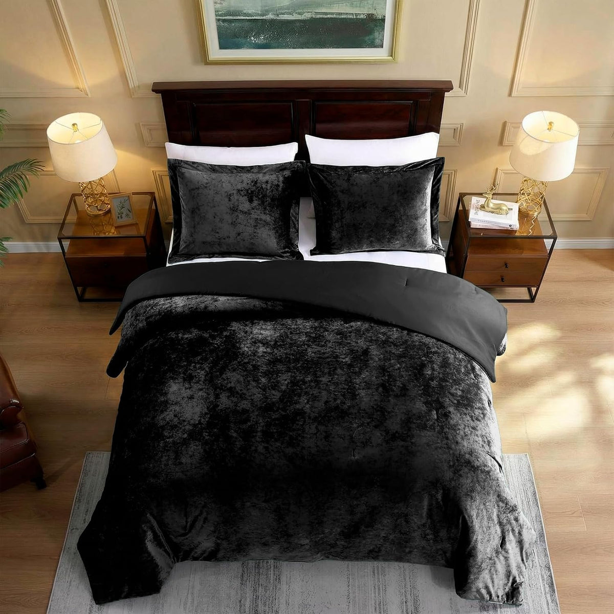 Velvet Comforter King, Luxuriously Soft King Size Comforter Set, Lightweight Bed Set for All Seasons, Oversized Comforter (108"X96") with 2 Matching Shams (20"X36"), Black