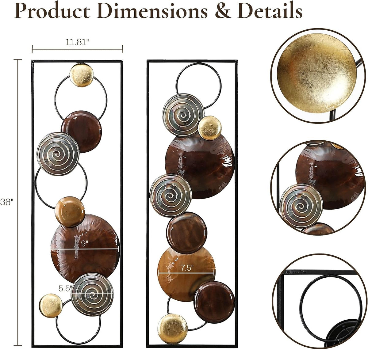 Luxe home Metal Wall Art, 2 Pieces Abstract Wall Décor Brown, 36"X12", Metal Wall Decor, Minimalist Metal Wall Sculptures