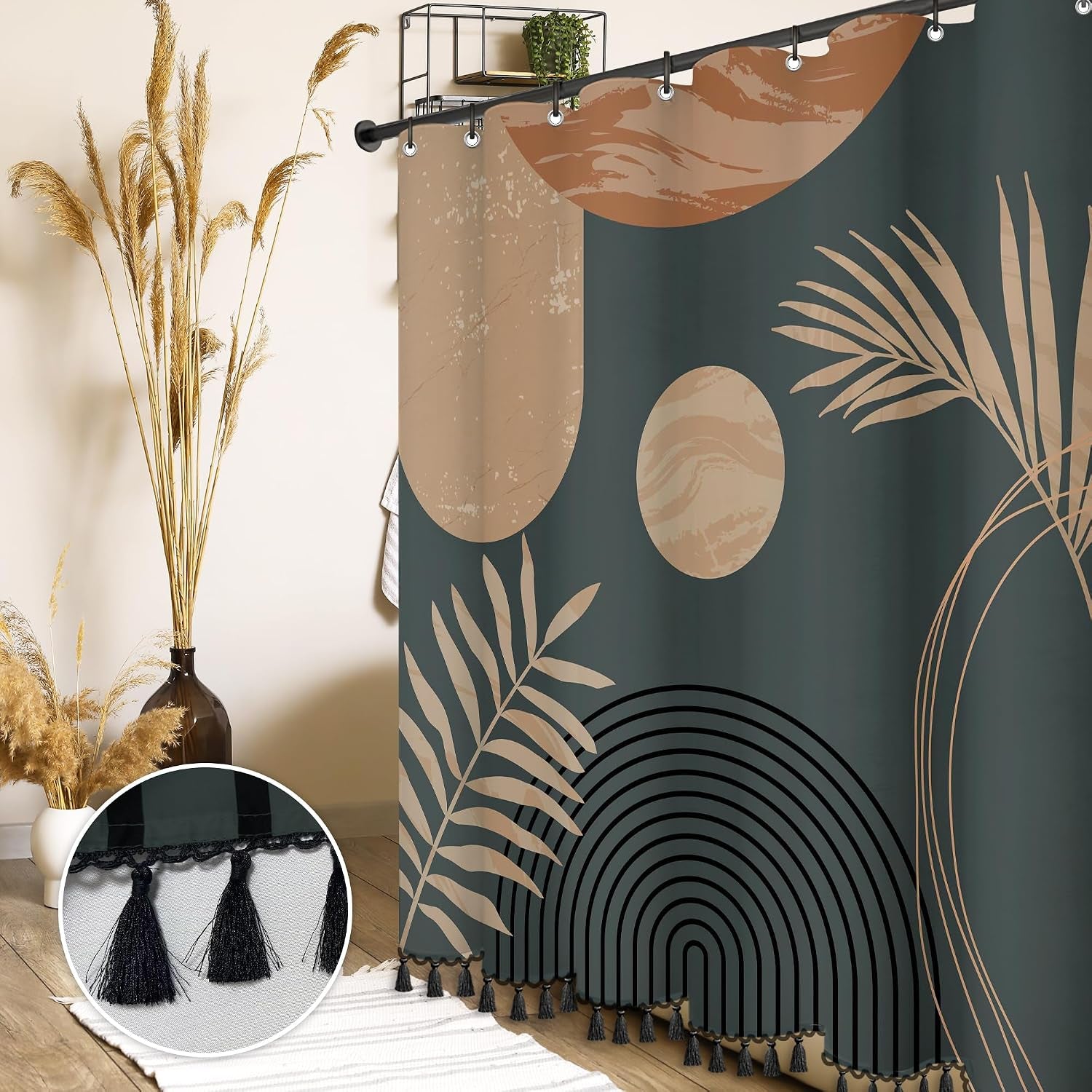 Boho Mid Century Leaf Shower Curtain Set, Arch Sun Design, Minimalistic Leaves Pattern, (Brown-72" X 72")