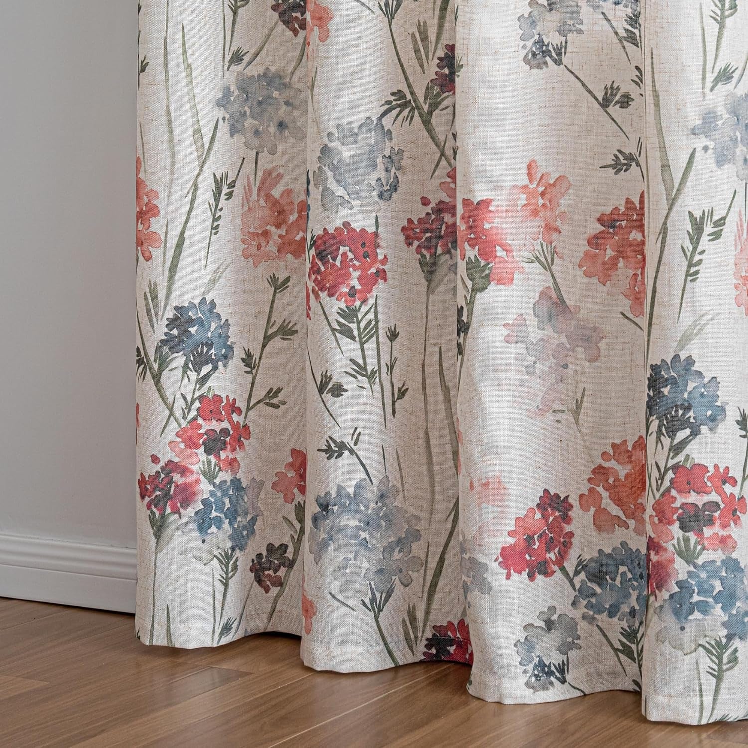 Linen Floral Curtains 84 Inch Length 2 Panels Semi Sheer Light Filtering Privacy Protect Flower Patterned Drapes, 52" Wide, Red, Pack-2