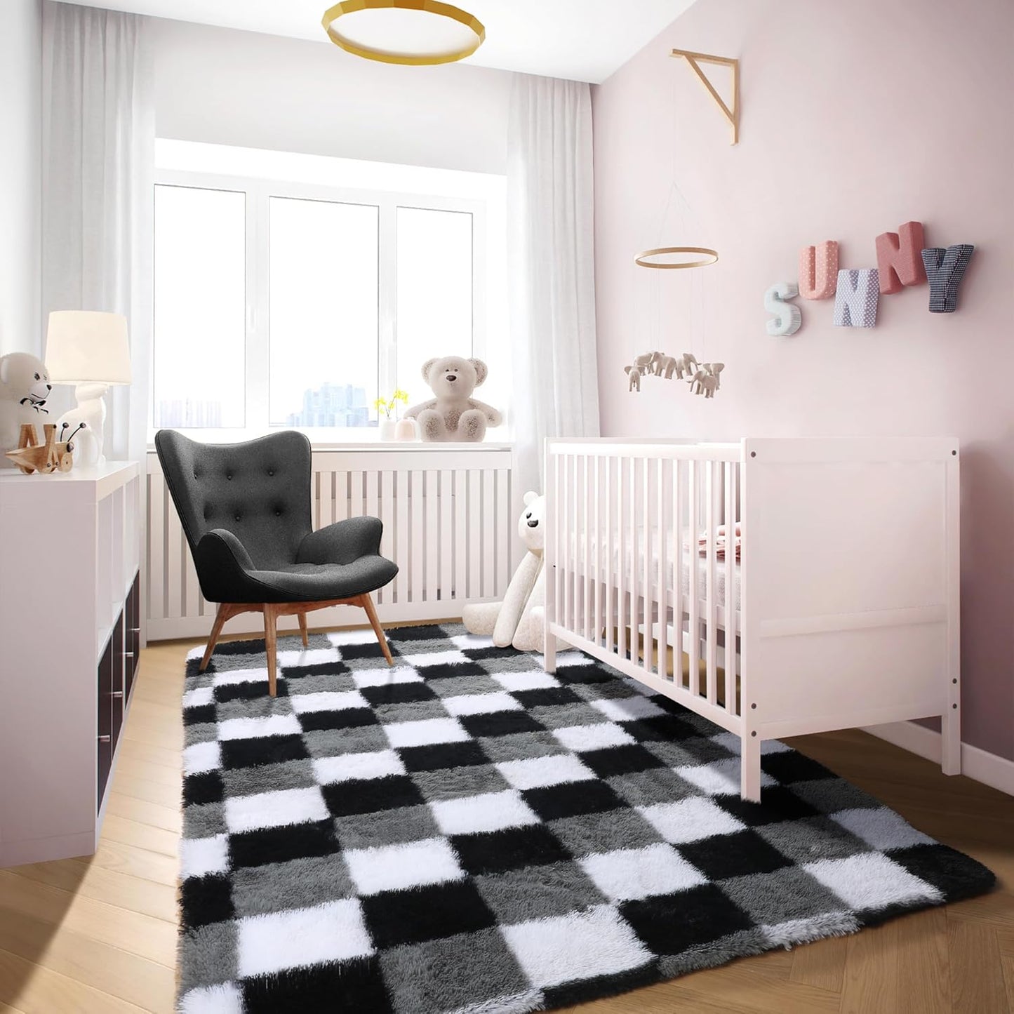 Area Rugs for Bedroom, 4X6 Fluffy Soft Black White Grey Checkered Rug Fuzzy Shag Shaggy Floor Carpet