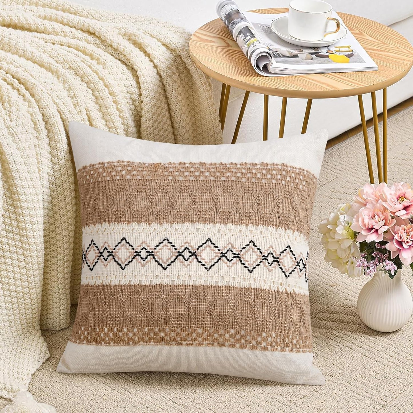 Pack of 2 Boho Throw Pillow Covers 18X18 Inch Farmhouse Decorative, Beige Modern