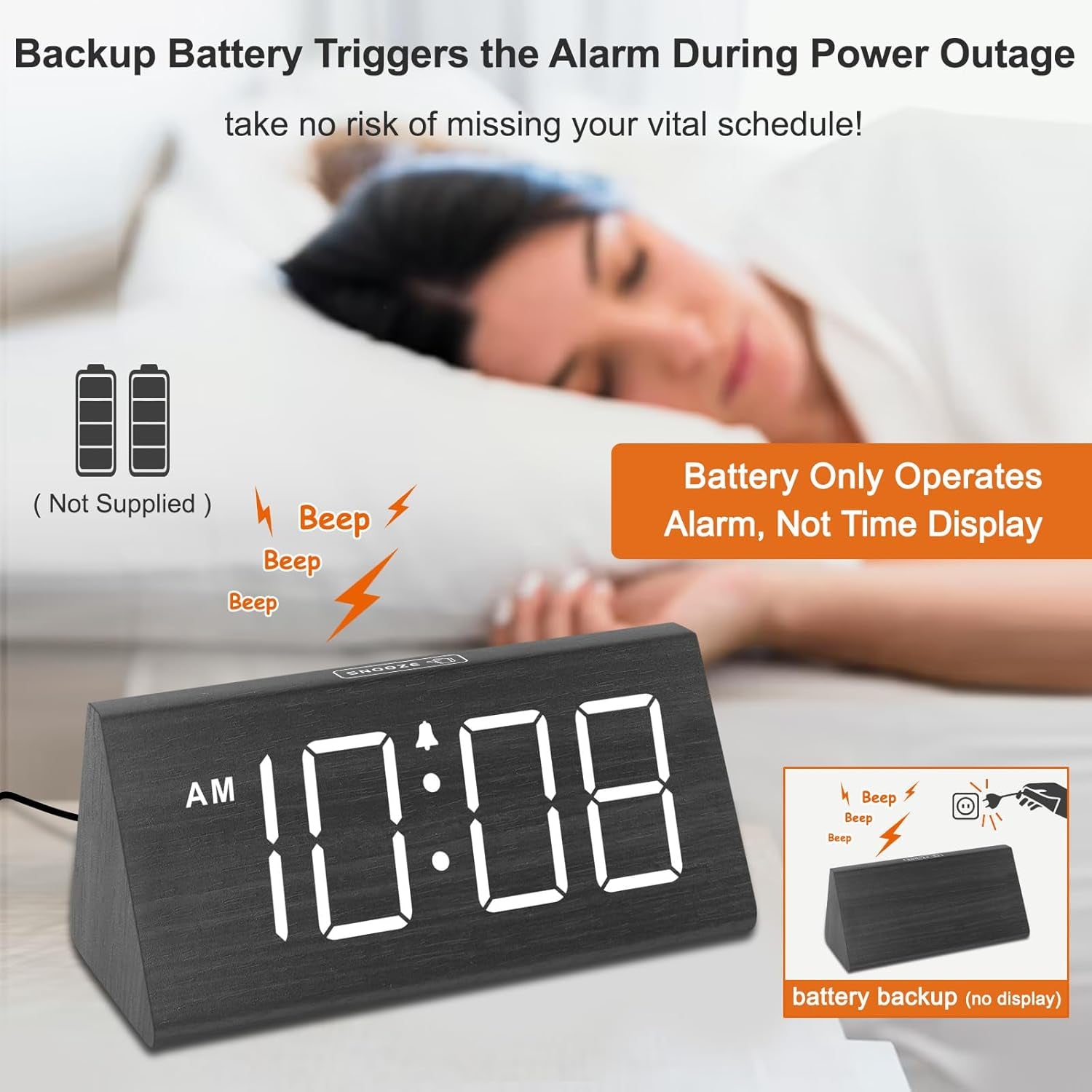 Wooden Digital Alarm Clocks for Bedrooms - Electric Desk Clock with Large Numbers, USB Port, Loud Alarm for Heavy Sleepers