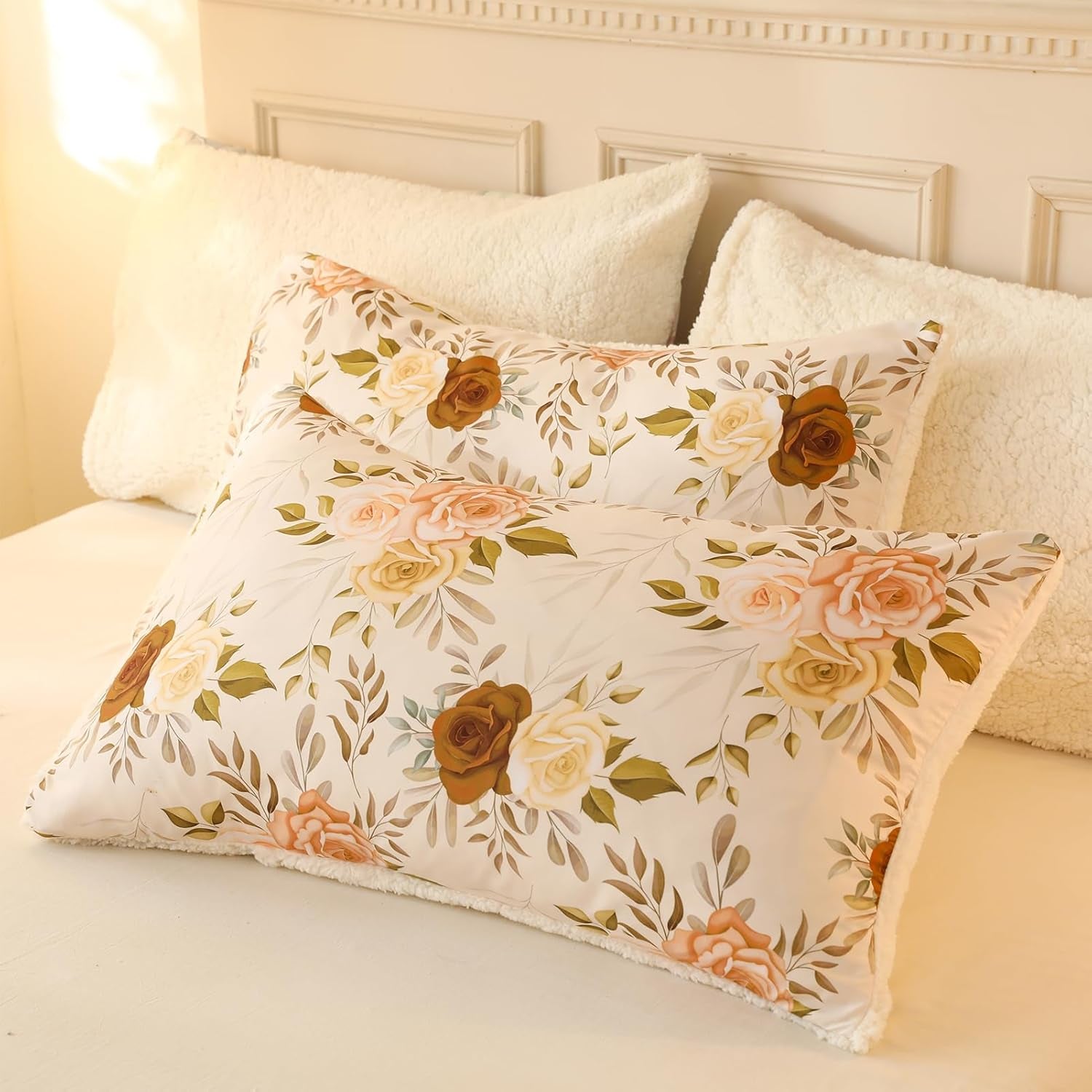 Floral Print Sherpa Comforter Set - Queen Size 3 Pieces Elegant Flowers Botanical Bedding Set, 90X90 In