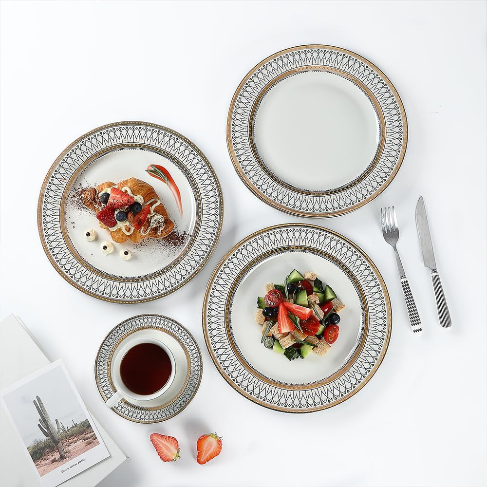 Golden Line Dinner Plates,10.5" Ceramic Plates Set of 4