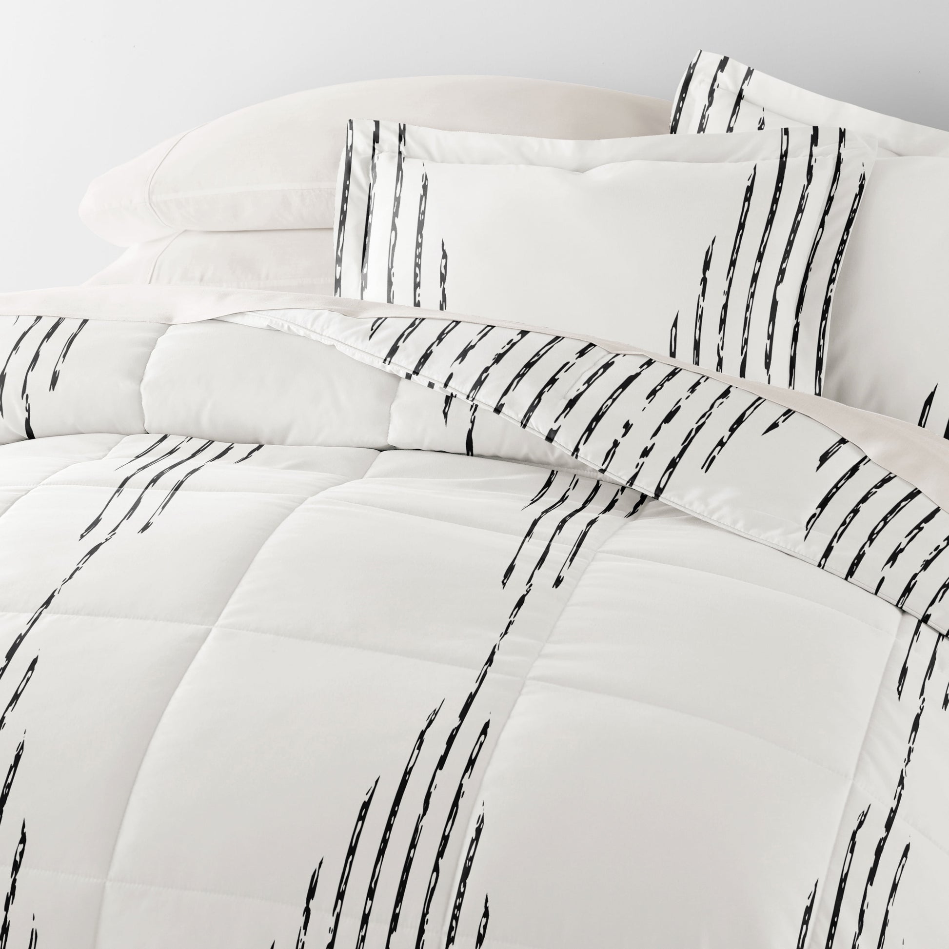 Full Bedding Bundle, Patterned Microfiber Comforter and Solid Sheet Set in Diamond Stripe Gray