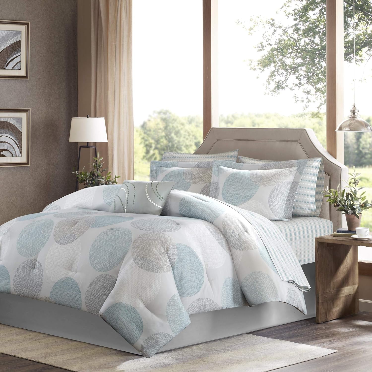 Essentials Bed in a Bag Comforter, Vibrant Color Design All Season down Alternative Cover with Complete Cotton Sheet Set, Full(78"X86"), Knowles, Circular Aqua, 9 Piece