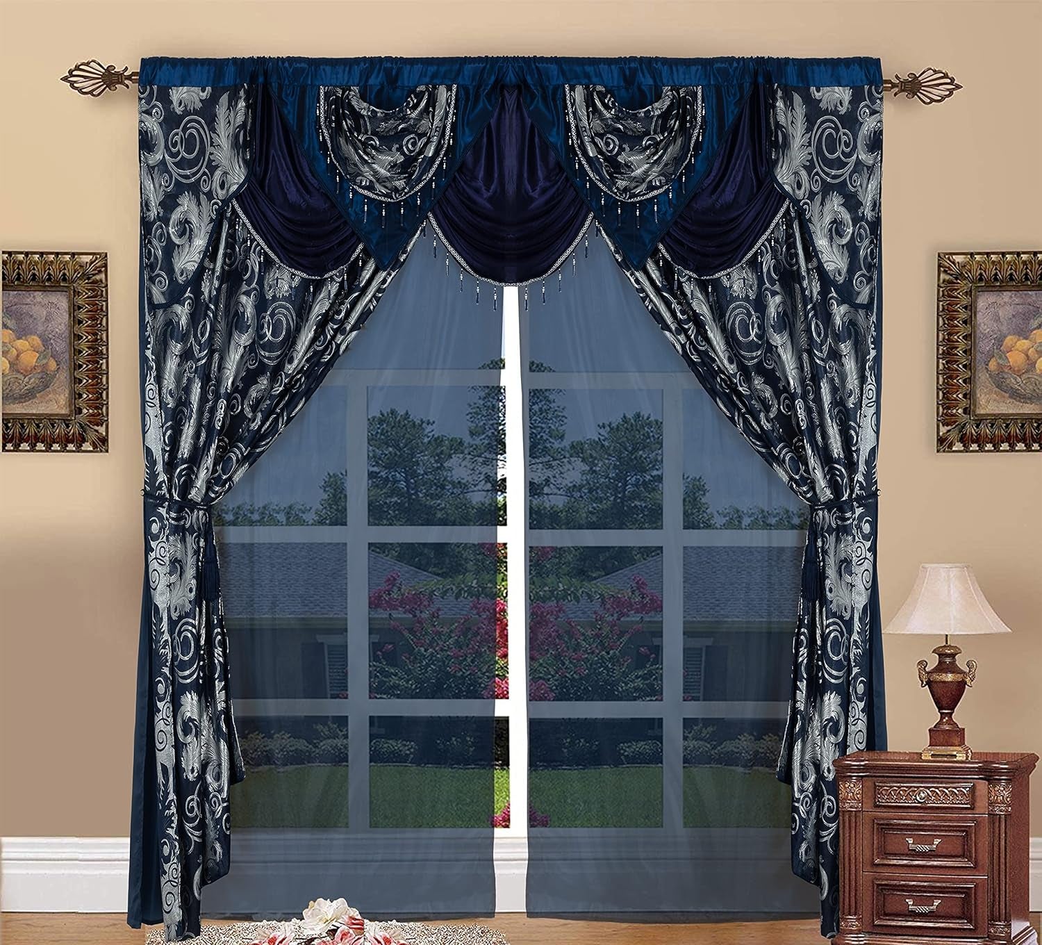 Jacquard Luxury Window 2 Panel Set Navy Curtain with Attached Valance and Backing, 55X84 Inches 