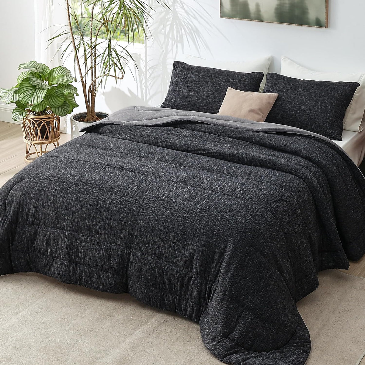 Queen Comforter Set, Reversible Cooling & All-Season Bedding, Black
