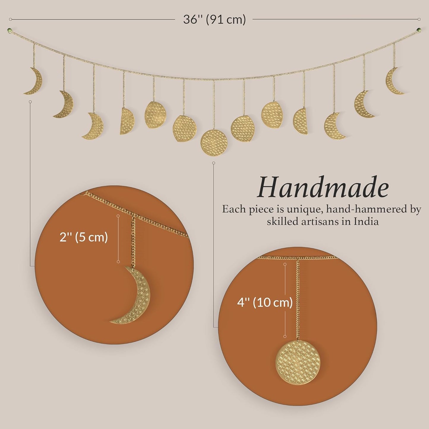 Moon Phase, Gold Wall Decor for Bedroom, Handmade Hammered Metal 36" 13 Phases Moon, Celestial Wall Art, Gift for Women & Kids